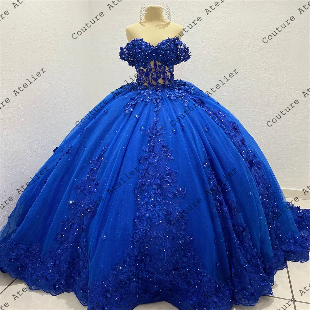 Royal Blue Lace Appliques Quinceanera Dresses Ball Gown Birthday Gowns Off The Shoulder Corset Sweet 16 Dresses Customized