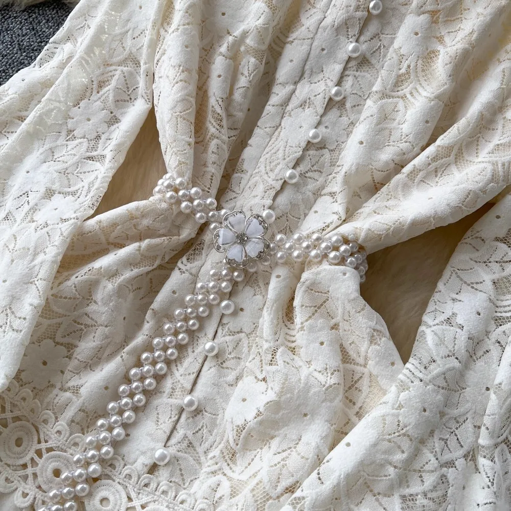 French Elegant Lace Embroidery Hollow Out Women Dress Female V-Neck Single Breasted Pearl Buttons Maxi Dress 2025 Spring Fashion