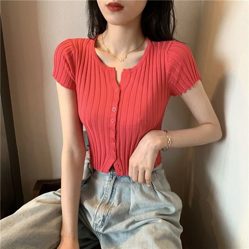 Summer 2024 New Korean Style Cropped Slim-fit Ins Top Versatile Basics Simple Short-sleeved Knitted Chic Cardigan