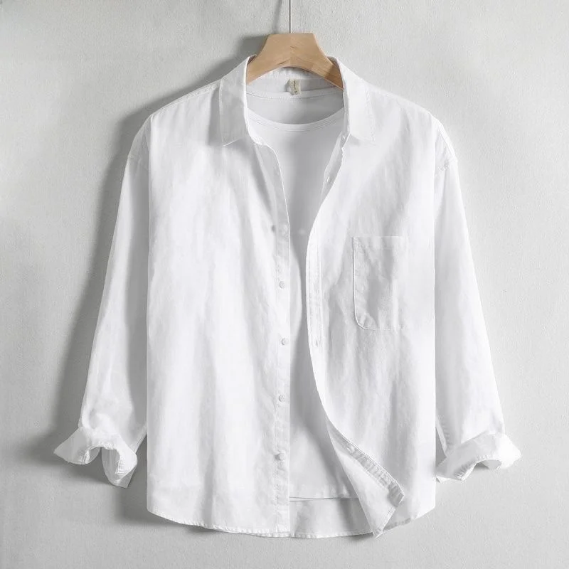 

Retro Men's Long Sleeve Linen Shirt Casual Color Loose Versatile Simple Collar Uncle's Fashion Spring Summer Shirt
