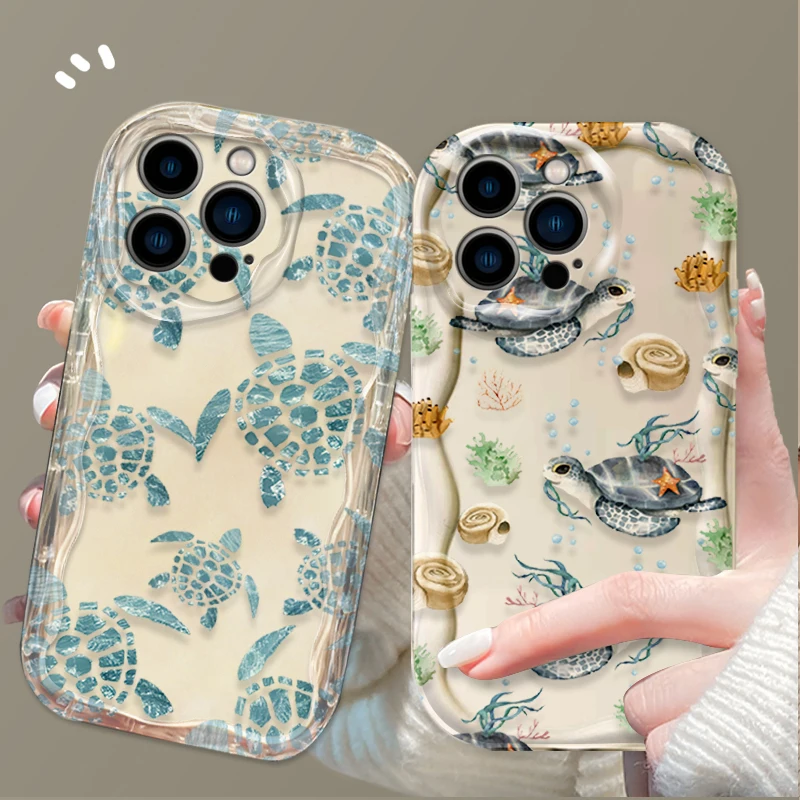 Summer Cartoon Ocean Turtle Wave Case For iPhone 15 14 13 12 11 Pro Max X XR XS 8 7 6 6S Plus SE 2020 Shockproof Silicone Cover