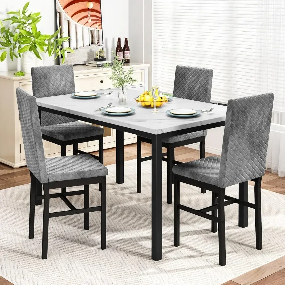 Dining Table Set for 4, Faux Marble Tables and Chairs Sets, Dinner Table with 4 Velvet Upholstered Dining Chairs