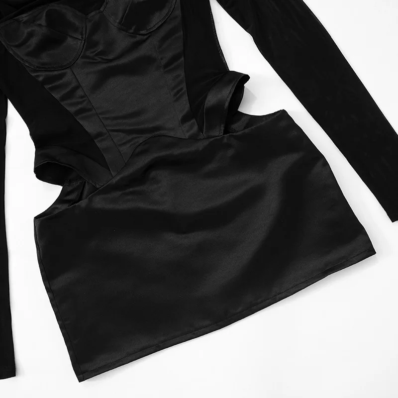 Bangniweigou الياقة المدورة ألواح شبكية مثير انقطاع فستان قصير المرأة bodycon عالية الخصر كم كامل أسود رداء صغير