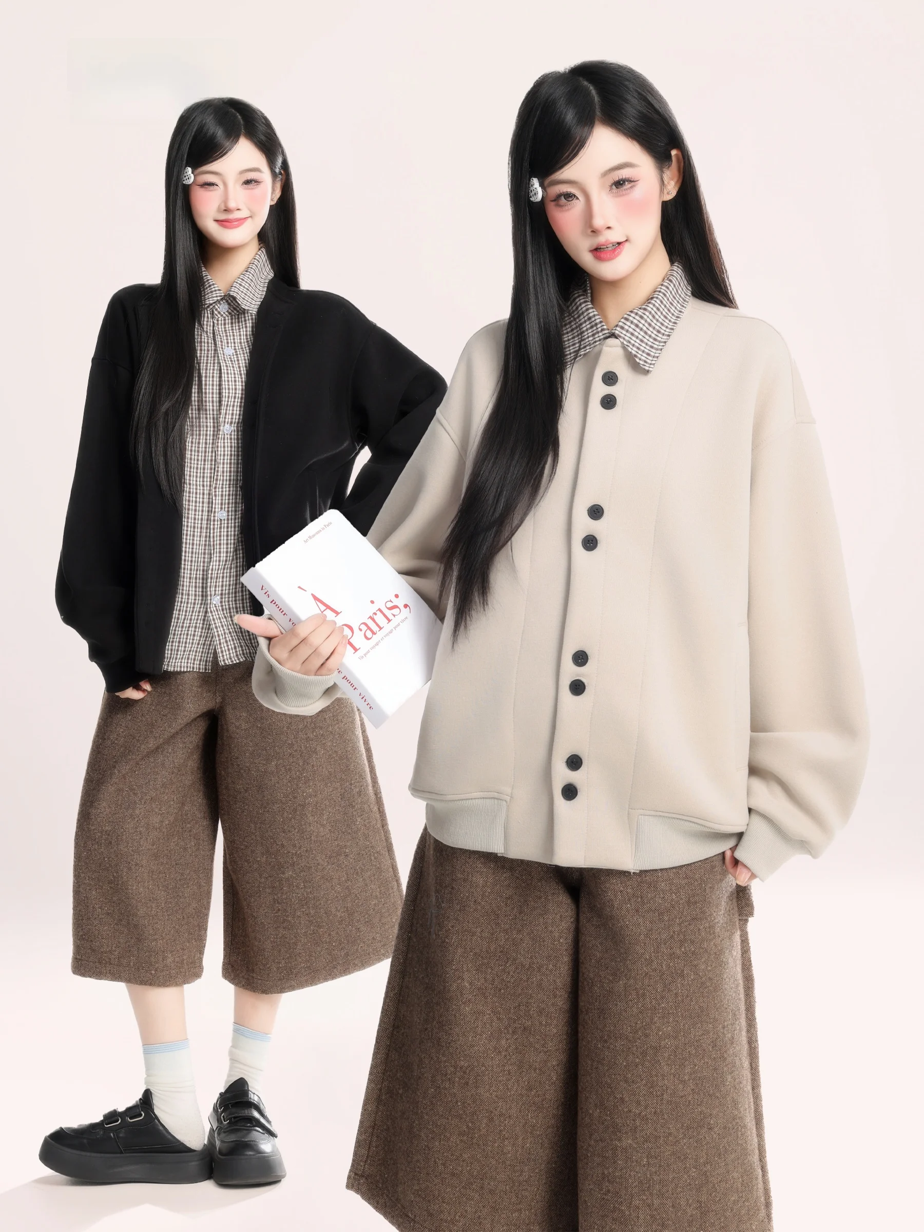 

Американский ретро-свитшот в клетку с эффектом двухслойности, женская свободная повседневная весенняя верхняя одежда для пар, для поездок на работу