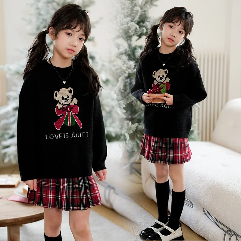 

ZOETOP 2024 Autumn Winter Christmas New Year 2pcs Suit Thick Needle Sweater Anti Pilling Knitted Pullovers+Checkered Skirt