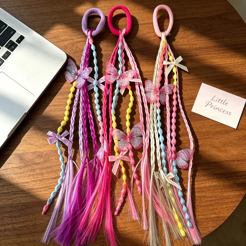 Neue 1-teilige geflochtene Perücke für Mädchen, Pferdeschwanz mit Schmetterlingsperlen, langer Quasten-Haarschleife für Frauen, Kleinkinder, Kinder, Party, Halloween, Cosplay – Detail 2