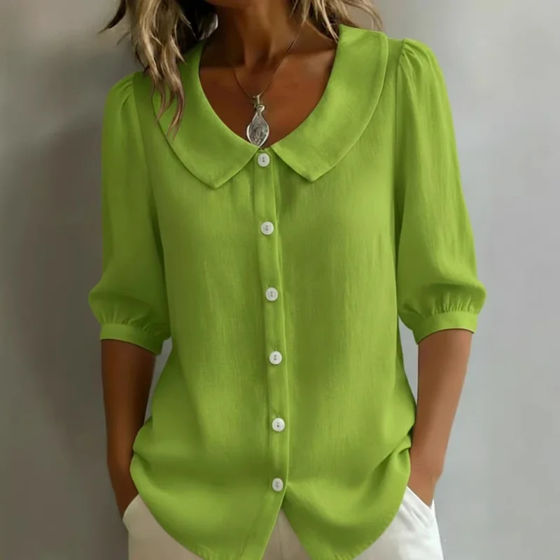 

2026 New Summer Women's Niche Design Sense Commute Loose V Neck Fabric Shirt Short Sleeve Linen