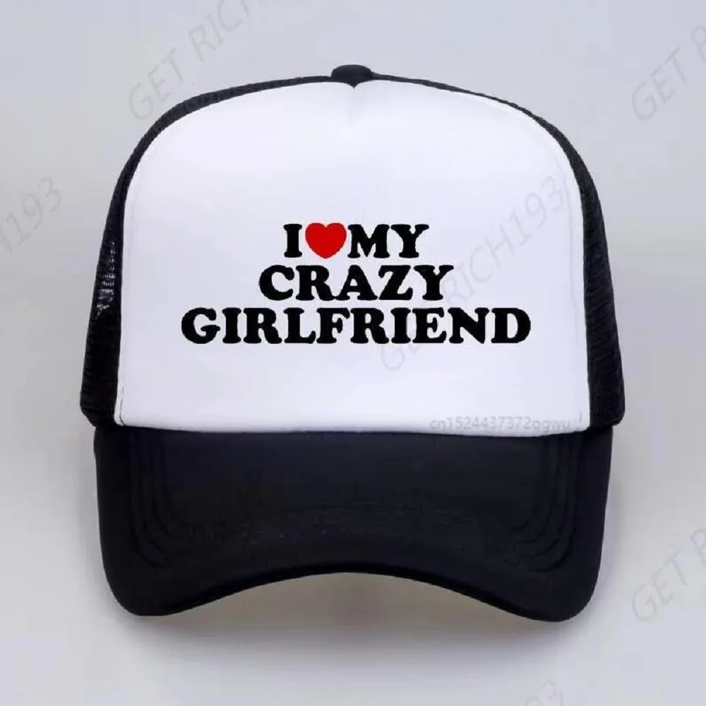 

Funny I Love My Crazy Girlfriend Gf Red Heart Hat Fashion Birthday Gift Baseball Cap Summer Style Mesh Breathable Trucker Hats