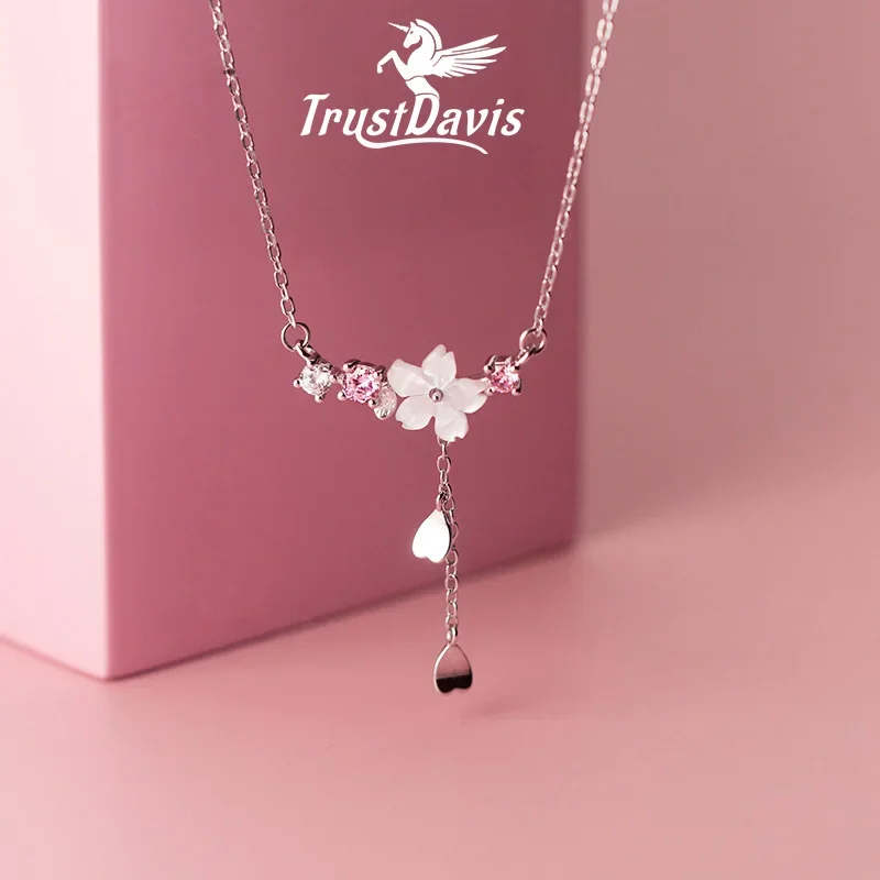 Trustdavis 925 Sterling Silver Temperament Shell Flower Chian Heart Necklace for Women Wedding Party Fine S925 Jewelry DA1334