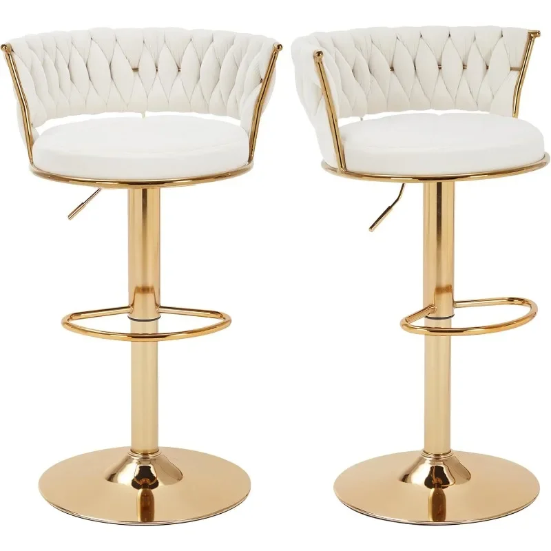 Adjustable  360° Swivel Bar Stools Set of 2, with Back and Arm, Velvet Woven Kitchen Island Stools w/Gold Metal Leg & Base,White