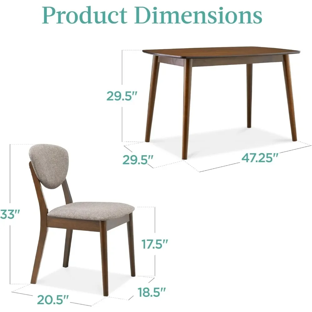 5-Piece Dining Room Set, 4 Chairs, Padded Seats & Backrests, Wooden Frame, Compact Mid-Century Modern Table & Chair Set