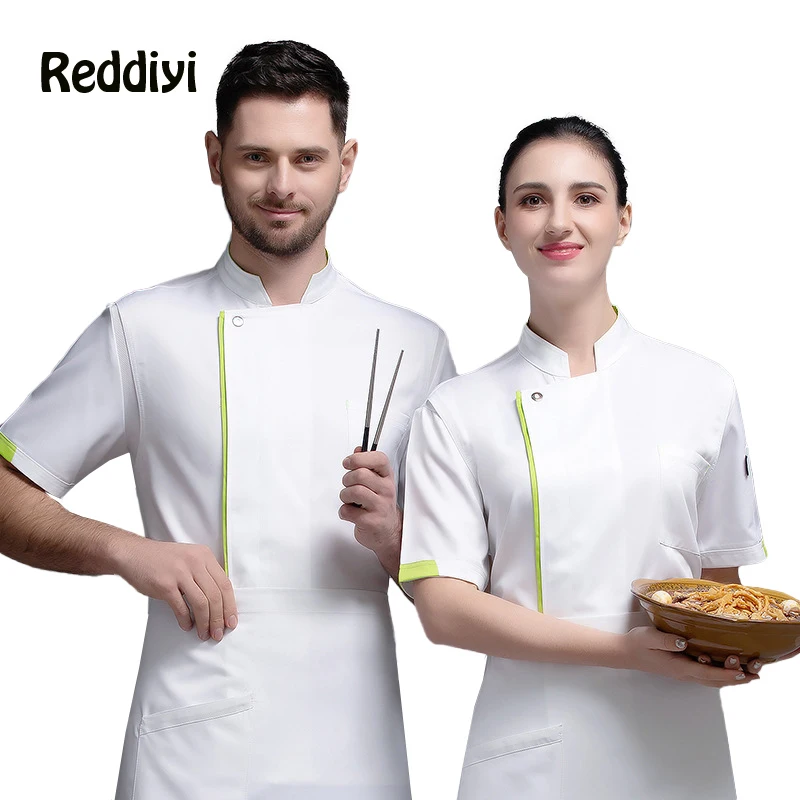 Branco fino famale chef jaqueta restaurante cozinheiro uniforme hotel respirável cozinha verão café masculino macacão de manga curta