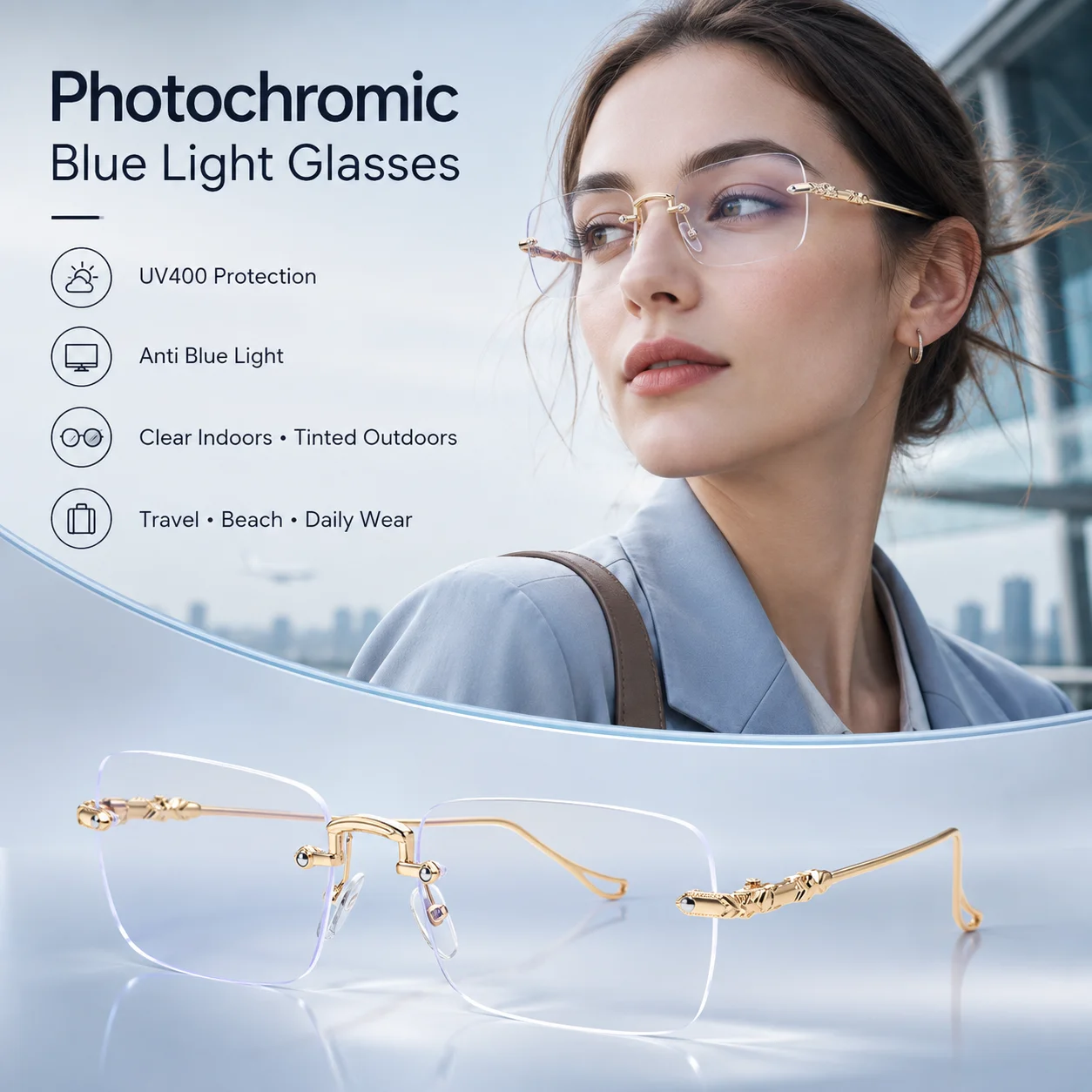 Photochromic Rimless Eyeglasses for Women Blue Light Filter UV400 Gold Metal Glasses Fashion Clear Lens Travel Beach Daily Wear