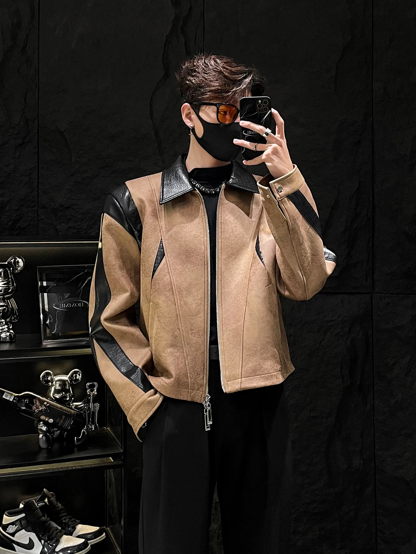 

Ретро-куртка из искусственной кожи в американском стиле с цветными вставками и воротником, свободного кроя, повседневная, мужская, укороченная, молодежная, стильная