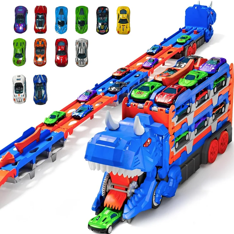 Dinosaur Transport Racing game Toy Set With 12 Molded Racing Cars, Transforming Dinosaur Car With Handle, Gift For Kids Aged 3-5