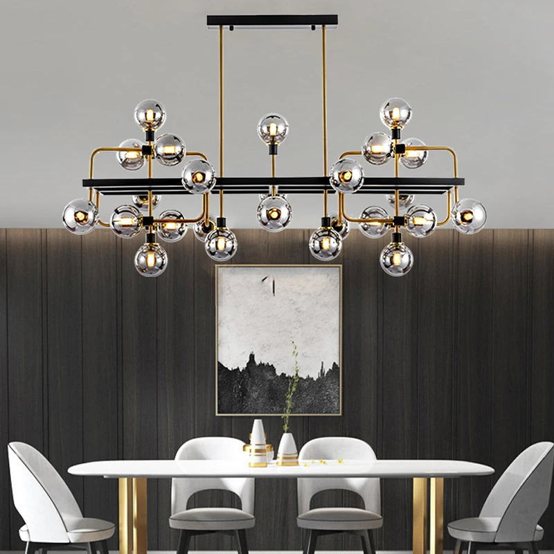 فقاعة زجاجية طويلة ثريات السقف 2024 المنزل Led الإضاءة الذهبي الأسود الحديثة مصابيح معلقة لغرفة المعيشة ديكور لماعة