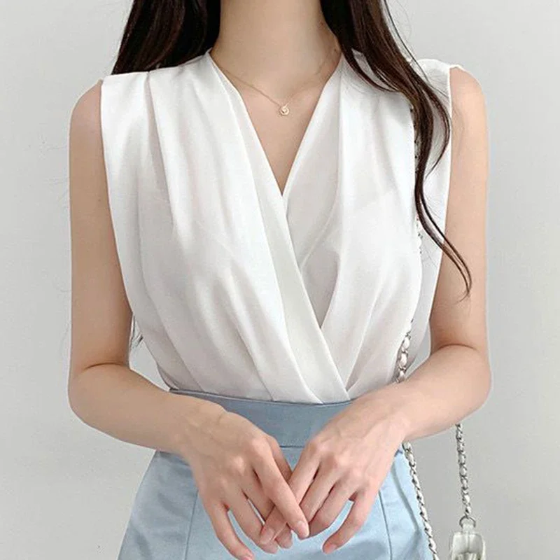 Neploe French Elegant V-Neck Crossover Design Blouse 2024 Summer Loose Versatile Sleeveless Blusa Ladies Chic Solid Color Shirt