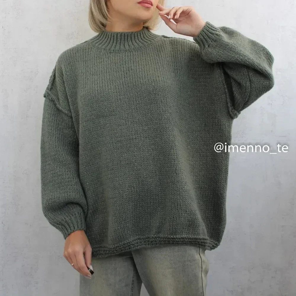 Green O-neck Loose christmas sweater Pullover Lantern Sleeve Oversized sweater Drop Shoulder Sweater 2023 Autumn Casual Clothing