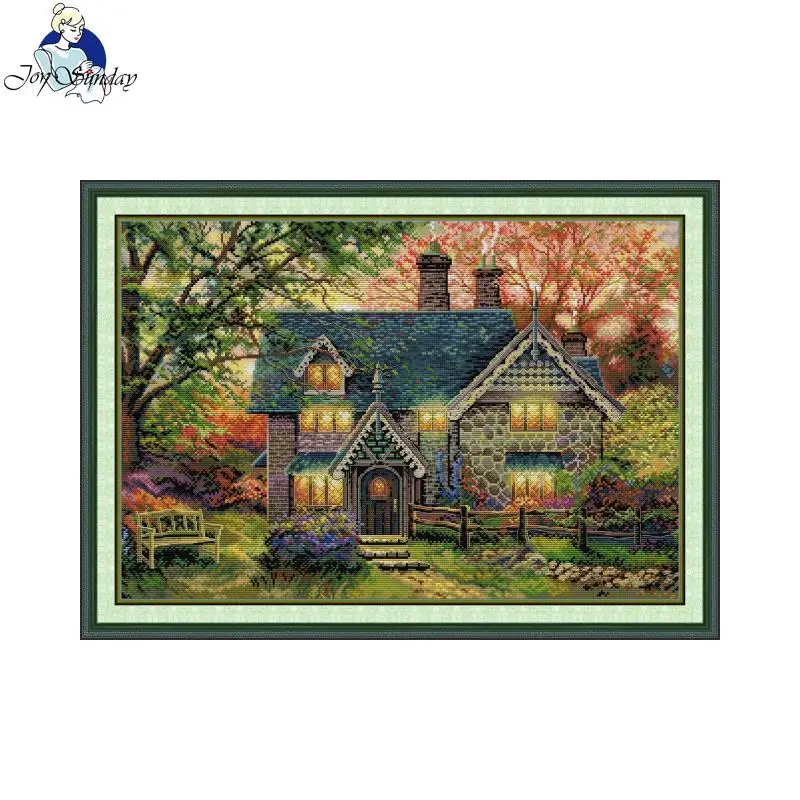 Joy Sunday Cross Stitch Complete Kit Autumn Garden Cottage Pattern Stamped Counted Canva Aida 16CT 14CT 11CT DIY Embroidery Set