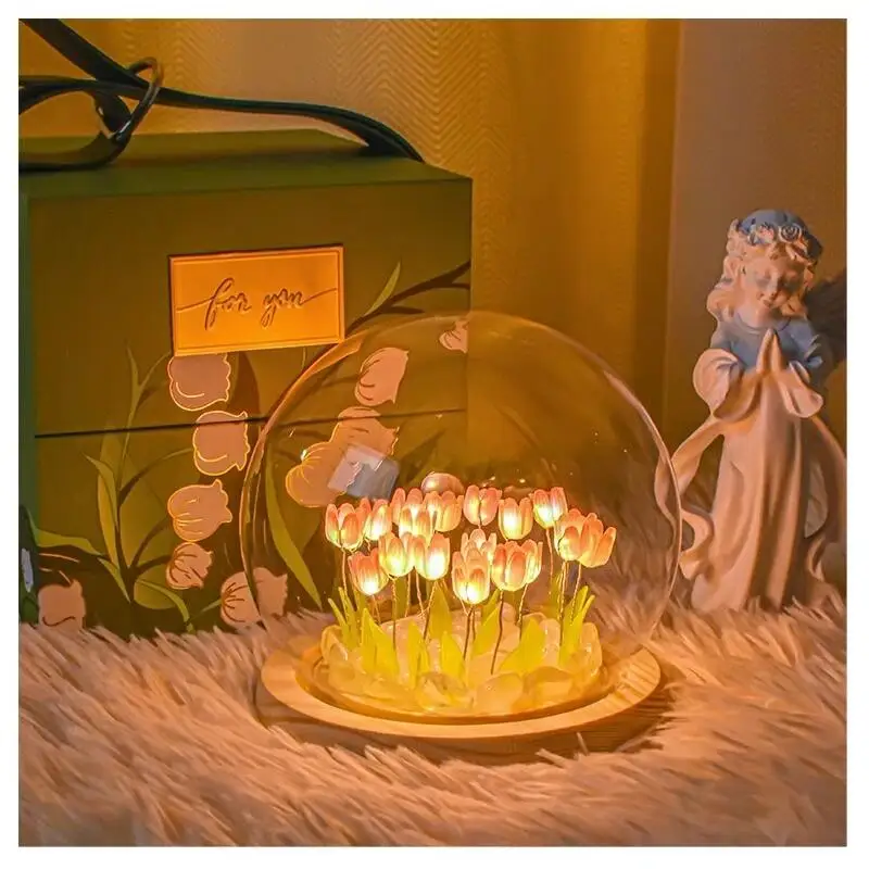 Artificial Tulip Flower Night Light Ornaments Handmade DIY Bedside LED Night Lamp Bedroom Desk Decor Birthday Gifts Table Lamp