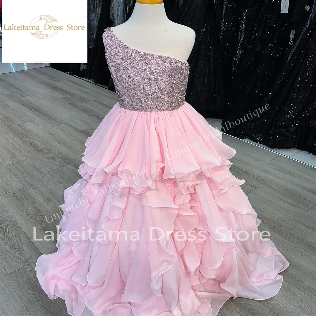 Flower Girl Dress Ruffles One-Shoulder Girl Pageant Dress Straps Back Layer Little Kid Birthday Formal Party Gown Infant Toddler