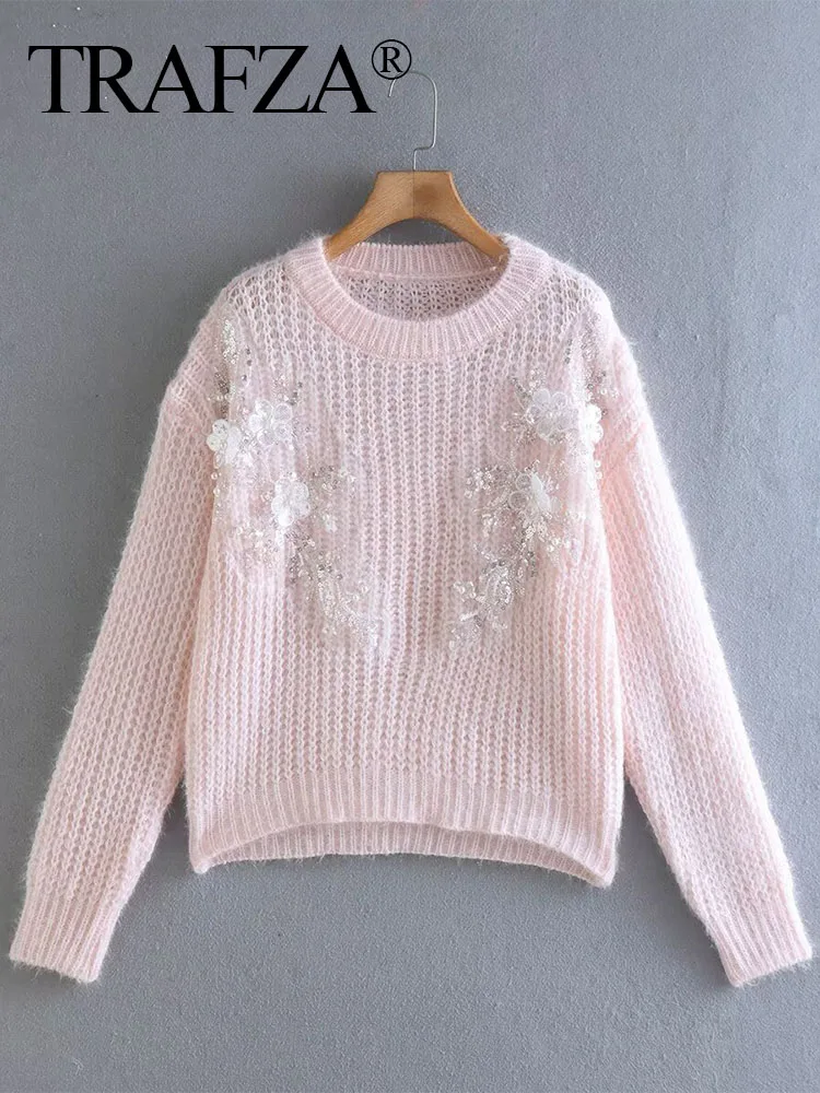 

TRAFZA Women Autumn Elegant O-Neck Long Sleeve Sequin Decoration Sweater Female High Street Casual Pink Knitted Sweater Mujer