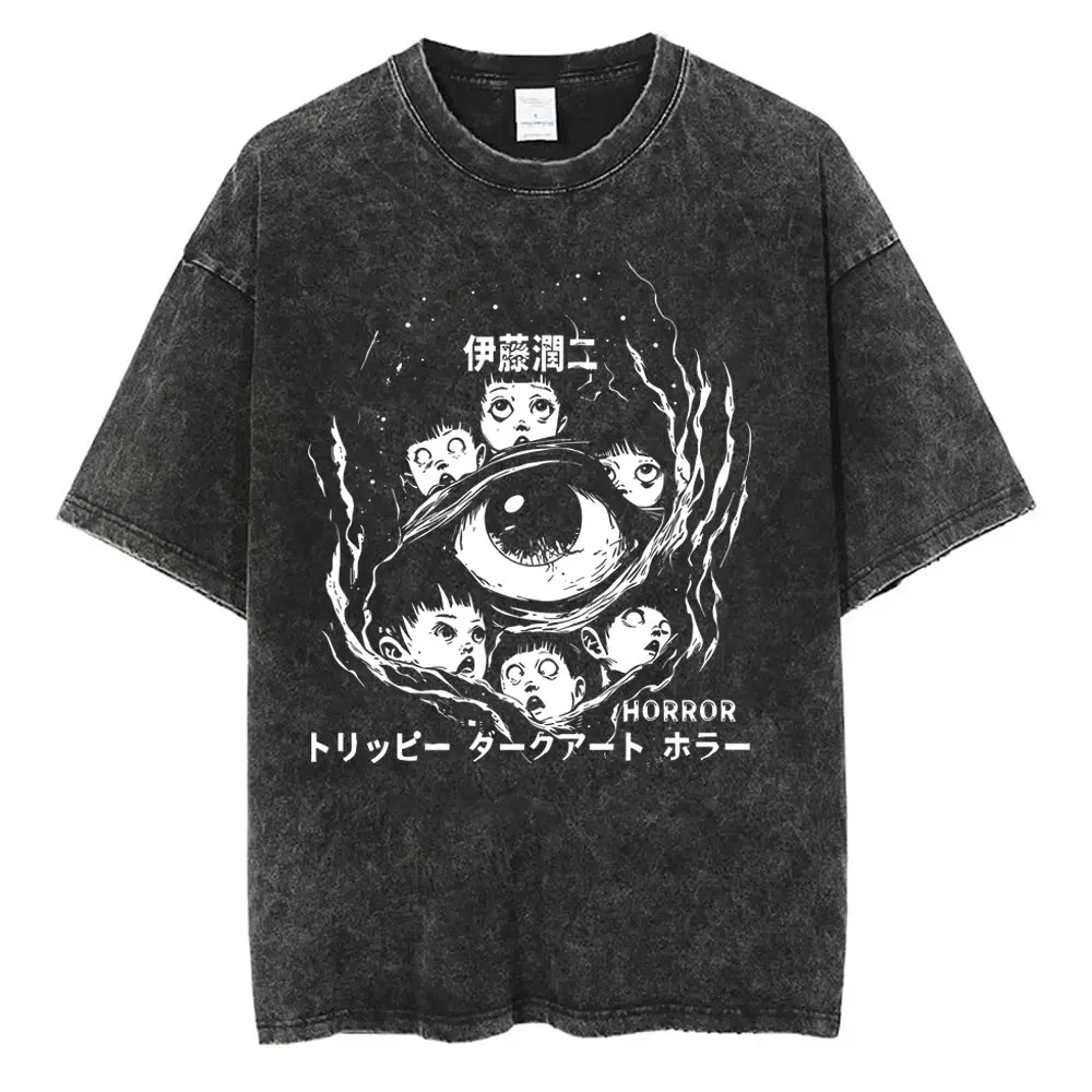 Horror Anime Tomie Junji Ito Vintage Washed T-shirt Men Women Retro Manga T Shirts Unisex Casual Cotton Short Sleeve T-shirts