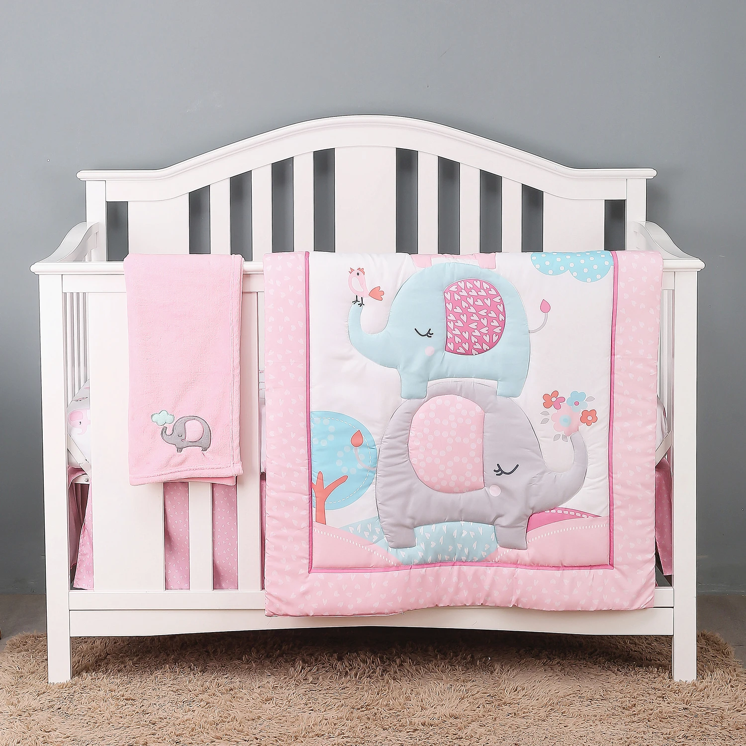 

4Pcs Pink Baby Crib Bedding Set For Girl Boy Cartoon Bedroom Bed Cot Linens (Comforter Fitted Sheet Crib Skirt Blanket)