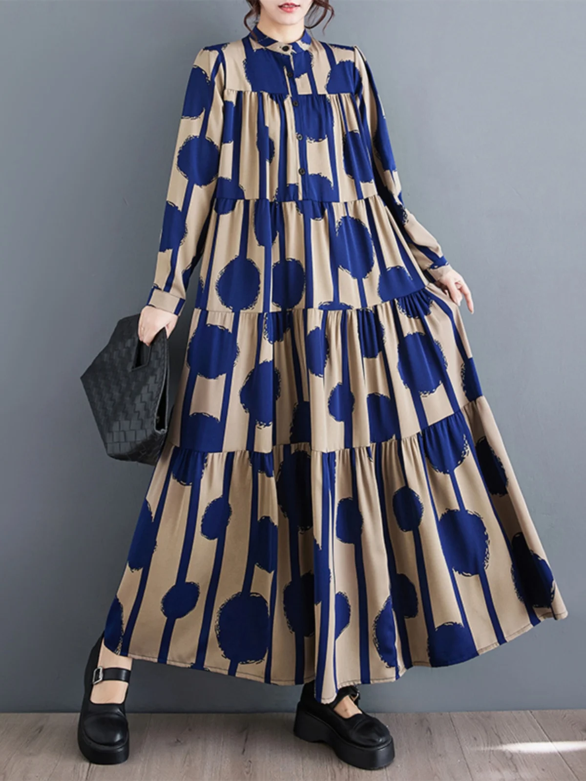 Vestido Longo E F Primavera Outono Saia Godê de Cintura Alta com Estampa de Bolinhas Moda Coreana