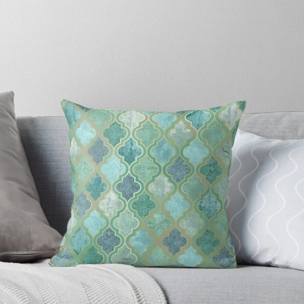 

Rustic, Moroccan, Quatrefoil, Trellis, Teal, Green, Aqua, Blue and Gold, Vintage, Pattern Throw Pillow