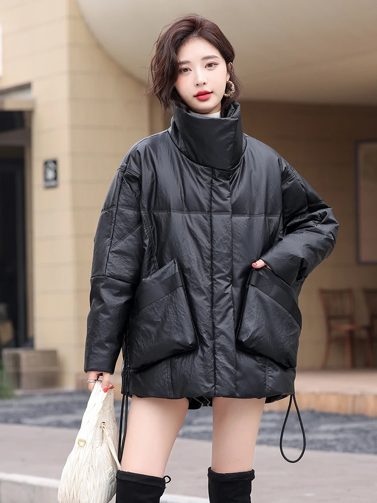 Giacca in Pelle di Pecora Haining da Donna, Invernale, Imbottita, Lunghezza Media, Vestibilità Ampia, Collo Alto, Calda e alla Moda