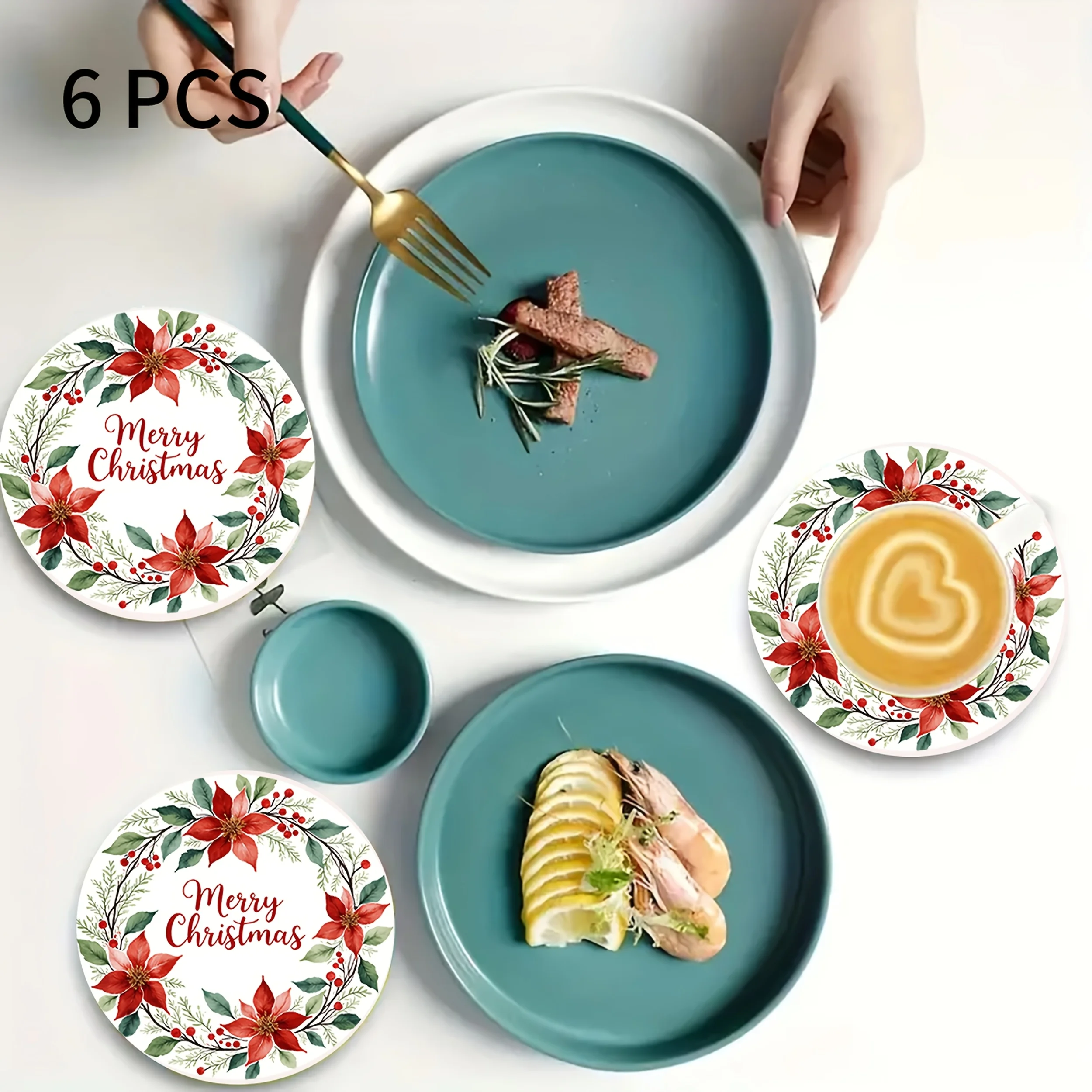 12/6 Pieces of Round Wooden 2D Flat Coasters, Christmas Wreath Blessing Design, Suitable for Home Bars, Office Desks and Living Rooms, Kitchen Accessories and New Home Gifts, Non-Slip Heat Insulation Pads, Creative Coffee Mats, Home Accessories, Holiday Party Decorations
