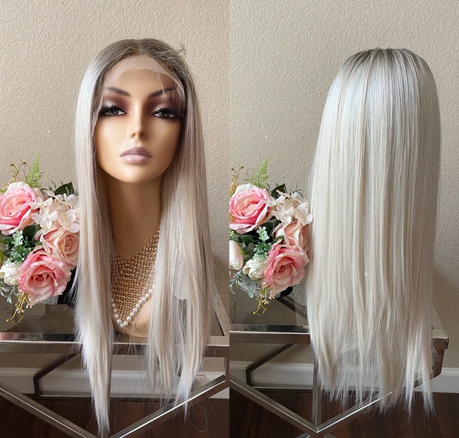 

Выделите Ombre Белый Блондин Парики Женские Длинные Натуральные Прямые Синтетические Парики 13*4HD Прозрачные Парики Фронта Шнурка Ежедневного Использования