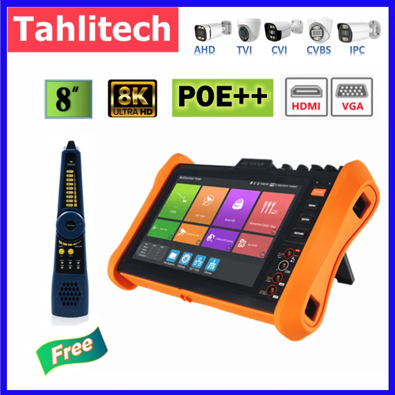 

8k CCTV IPC Camera Tester 8MP CVI/ TVI/ AHD IPC Tester 8" Monitor PoE++ HDMI VGA SFP TDR Cable Tester Fiber Network Tester