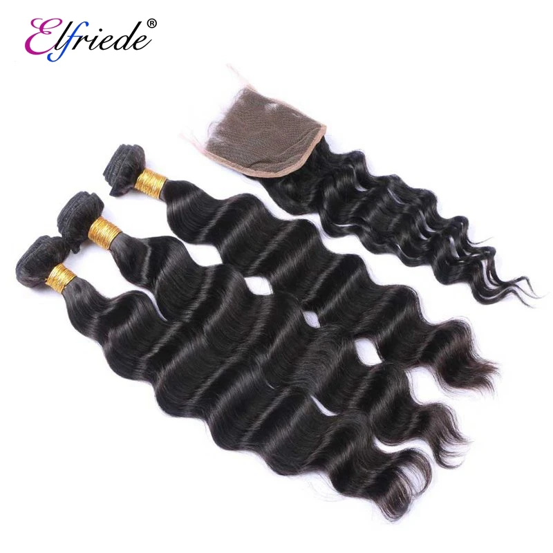 Elfriede Natural Black Loose Deep Wave Bundles with Closure 100% Brazilian Human Hair Weaves 3 Bundles with 4X4 Lace Closure