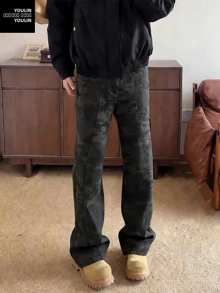 

American Camouflage Fce Lined Thi Straight Leg Men's Jeans Retro Logging Workwear High Street Sle Flared Pants