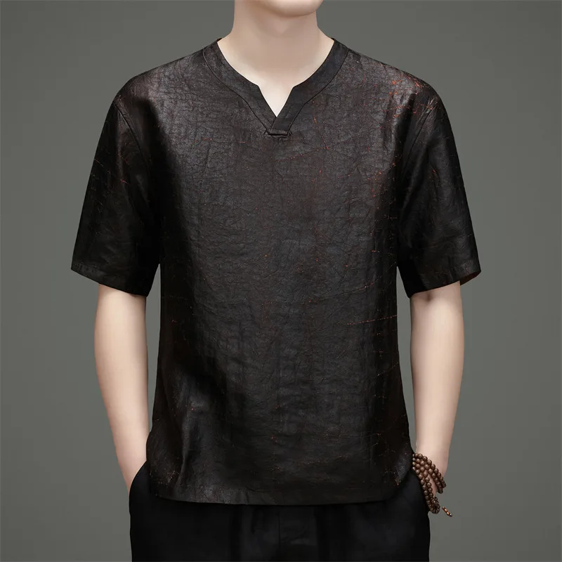 Lightweight V-Neck T Shirt For Men Short Sleeve Real Silk 100% Summer Quality Gambiered Canton Gauze Premium Camisetas De Hombre