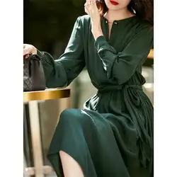 New Vacation Style Dress for Women Elegant French Style Slim Waist V-neck Gentle Mid Length Skirt