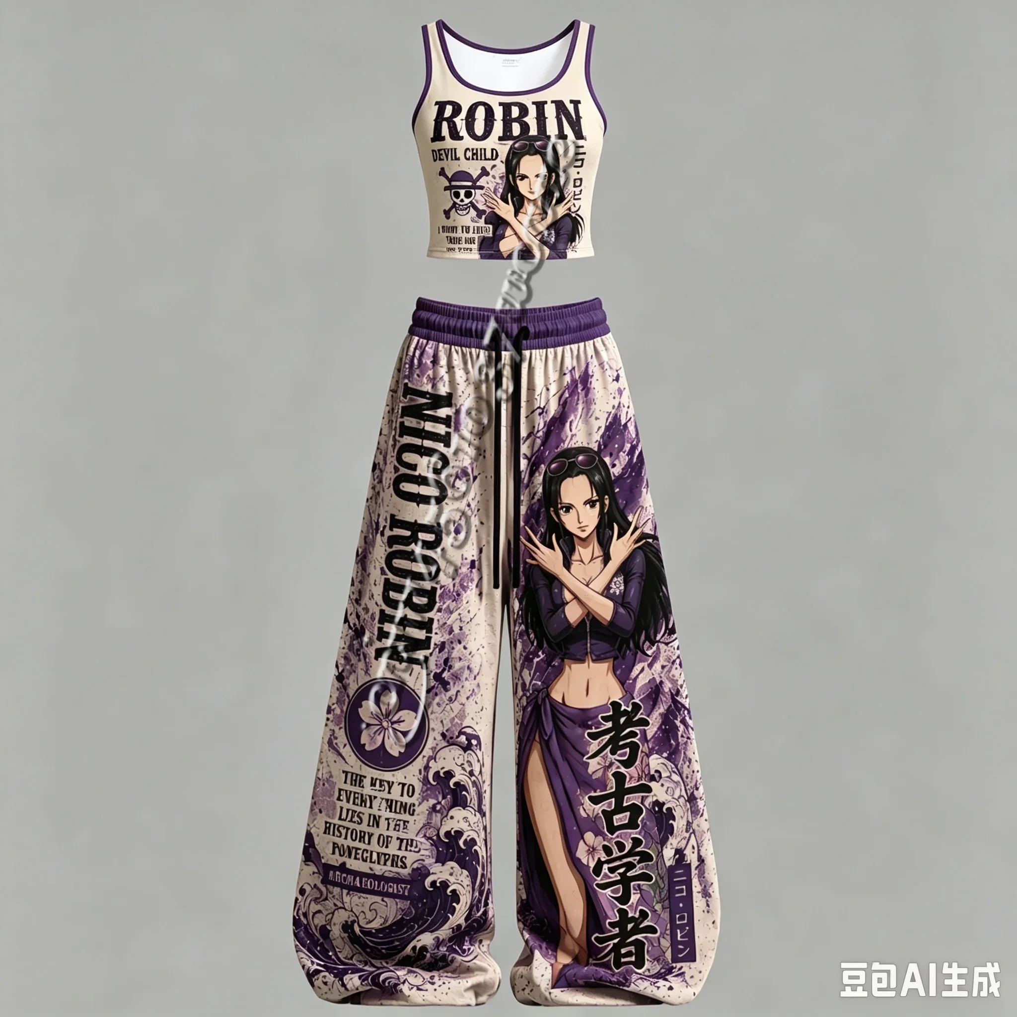 FamilyMatching Neues One Piece Zoro Ace Robin Law Serie Anime-Charakter Tanktop Weite Hose Set Unisex Anime 2-Teiliges Outfit – Detail 8