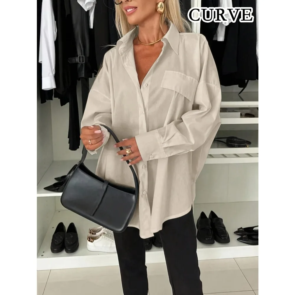 Plus Size Women's Solid Color Front Button Lapel Shirt Tops Lapel Long Sleeved Button Up Long Sleeved Shirt image 3