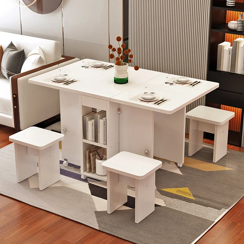 Foldable Extendable Dining Table Set  Mobile Kitchen Table with Storage Cabinet Locking Wheels for Small Space Home Apartment