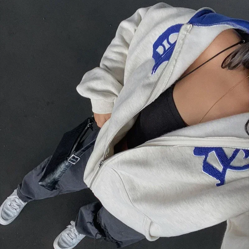 Zip Up Hoodies Women Goth Letter Print Oversized Jackets Autumn Winter Harajuku Hip Hop Streetwear Hooded Sweatshirts Y2k