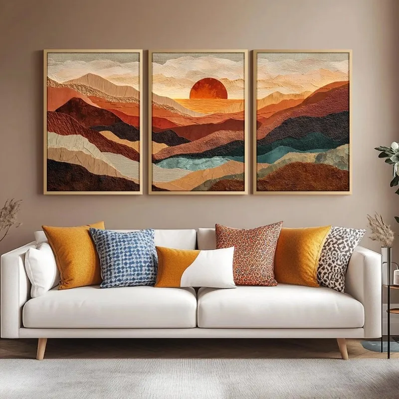 Set of 3 Nature Art for Dining Room or Office Wall, Modern Beach Wall Art, Boho Framed Canvas Art, Nature Wall Art for Room