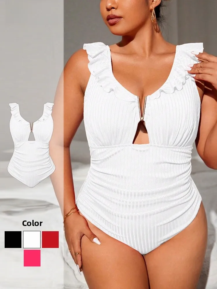 

Сексуальный купальник с V-образным вырезом для женщин больших размеров, скрывающий живот, с эффектом коррекции фигуры, черно-белый, с кружевной отделкой, повседневный купальный костюм