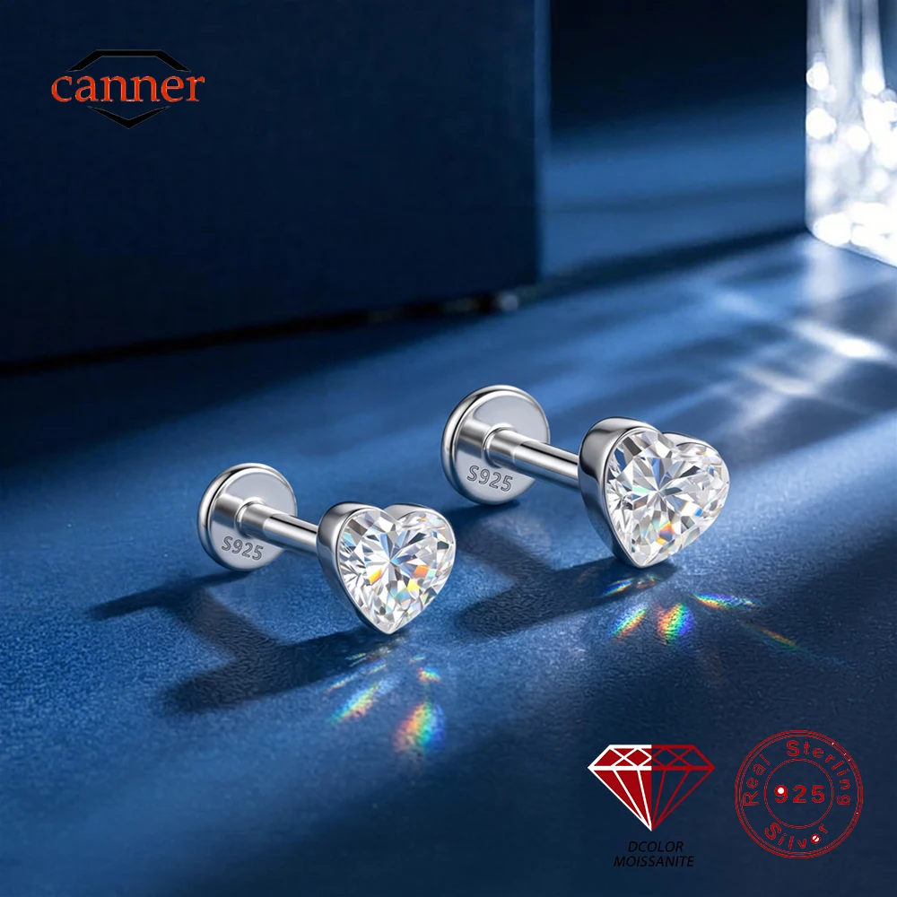 CANNER 1PC D Color 3/4mm Love Moissanite Luxury Flat Back Piercing Earring Women 925 Sterling Silver Sparkling Ear Bone Jewelry
