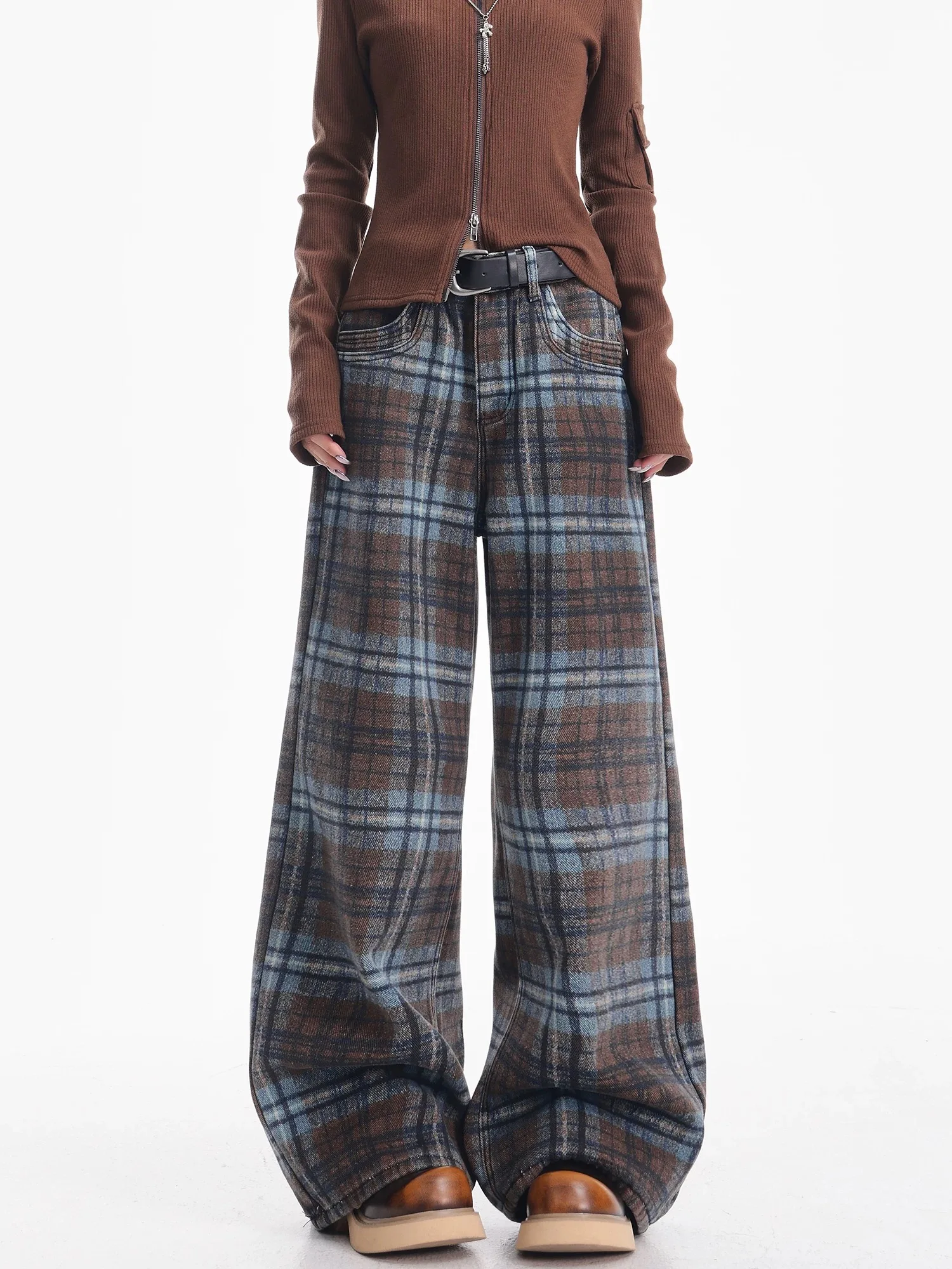 Y2K Blue Checkered Jeans Women Design Spring Autumn Loose Slim Wide Leg Floor Length Pants