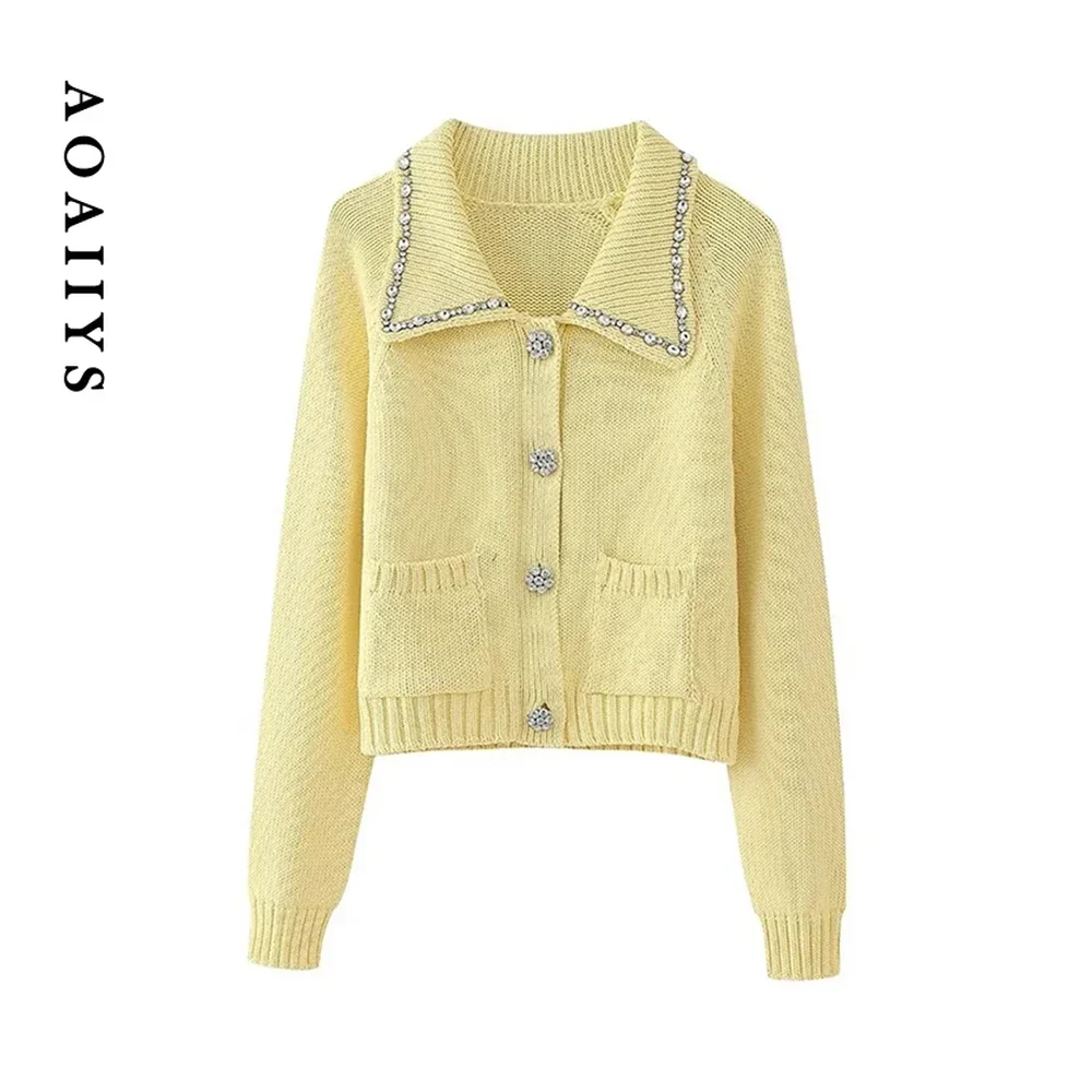 Aoaiiys Knitted Cardigans for Women Sweater Yellow Diamonds Long Sleeve Single Breasted Cardigans Vintage New Fashion Outerwear