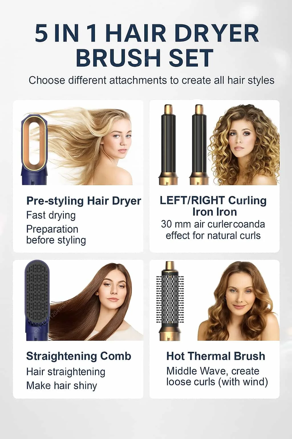 5 In 1 Hair Dryer Brush Set Professional Hot Air Comb With Curling Iron Hair Straightener For Styling And Volumizing Hair