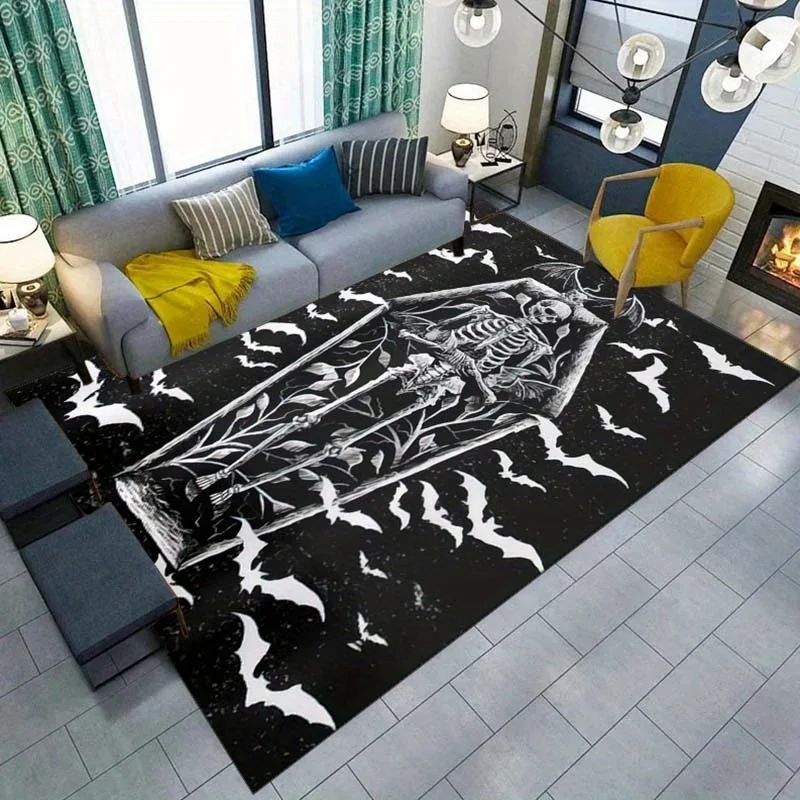 1pc Gothic Coffin Rug with Skull & Bat Pattern, Soft, Machine Washable & Durable, Halloween, Christmas, Easter, Hanukkah Decor