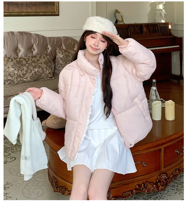 Sweet Pink Bow Stand Collar Puffer Jacket Women Korean Lace Spliced Thick Outerwear Students Winter Warm Cropped Cotton Jackets